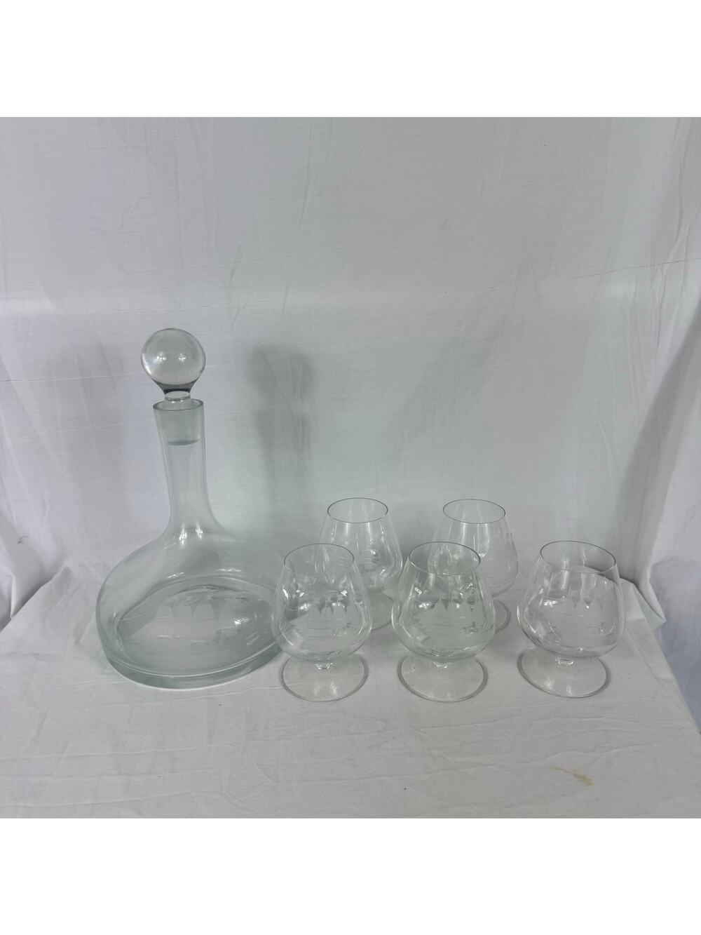 Vintage Etched Glass Clipper Ship Toscany Brandy Scotch Decanter 5 Snifters Set